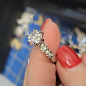 Rhinestone Faux Diamond Cocktail Silver Ring 1 Solitaire 2 each side